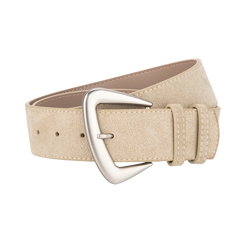 Ceinture Rosée en cuir de vachette suédé beige avec boucle ardillon argentée en alliage métallique et passant double.