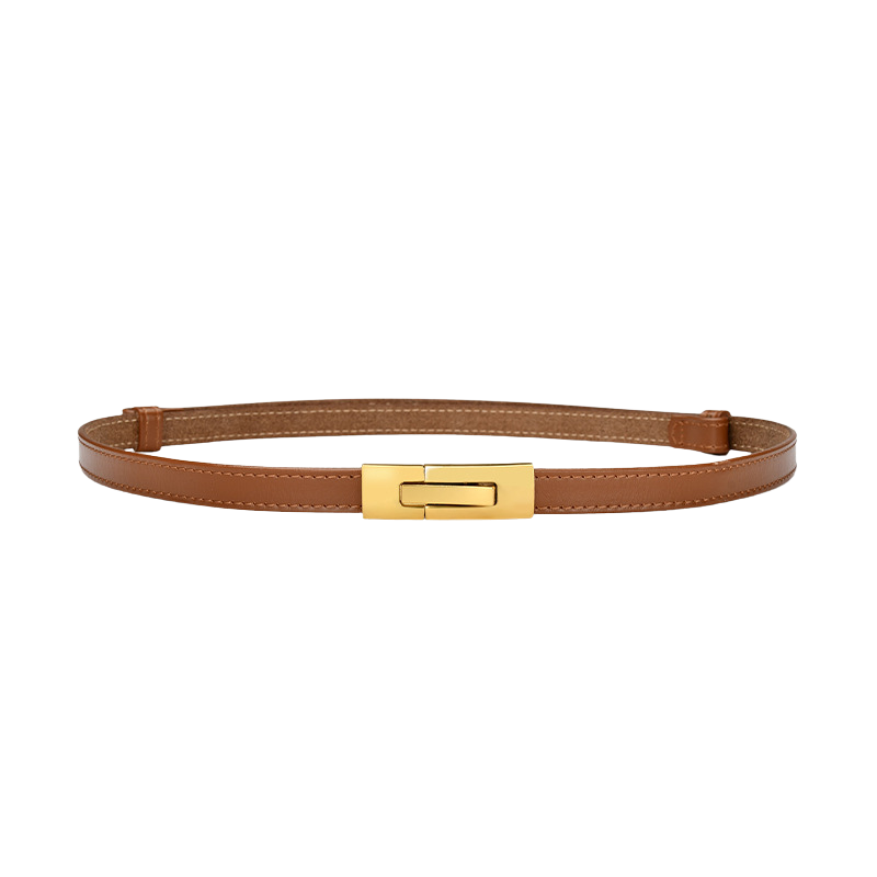 Ceinture femme fine en cuir marron avec boucle rectangulaire dorée, modèle Roxanne.