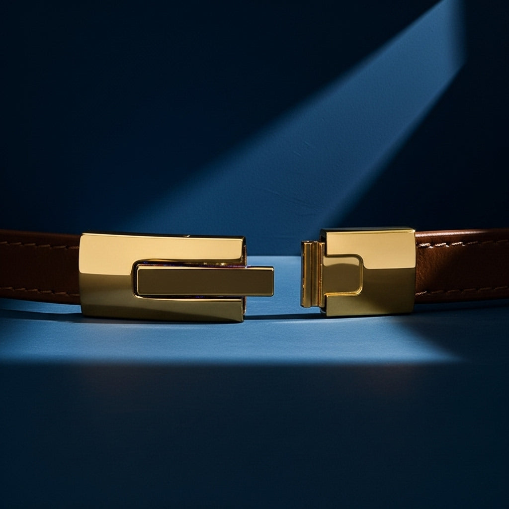 Ceinture femme Roxanne en cuir véritable marron avec une boucle rectangulaire dorée à cliquet, gros plan sur le fermoir géométrique. #fullwidth