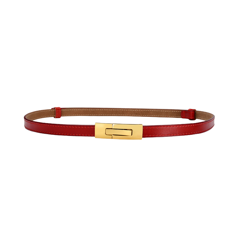 Ceinture fine femme Roxanne en cuir rouge avec boucle rectangulaire dorée à pression