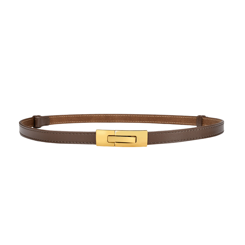 Ceinture femme Roxanne en cuir véritable marron avec boucle rectangulaire dorée, largeur fine et design minimaliste.