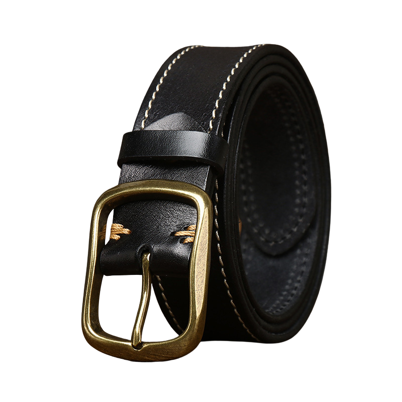 Ceinture homme Rustiborn en cuir pleine fleur noir avec surpiqûres contrastantes et boucle ardillon rectangulaire en cuivre doré vieilliéton #fullwidth