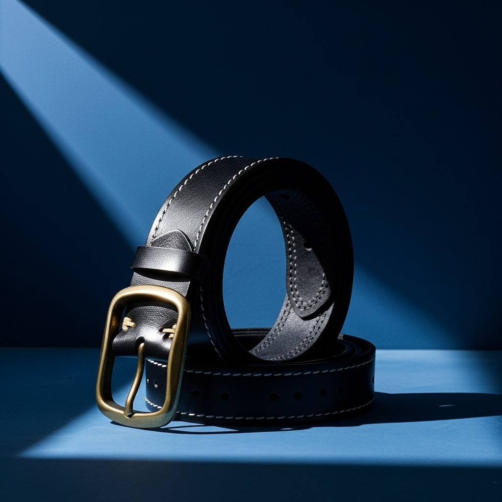 Ceinture pour homme Rustiborn en cuir noir pleine fleur, avec surpiqûres contrastantes et boucle ardillon rectangulaire dorée. #fullwidth