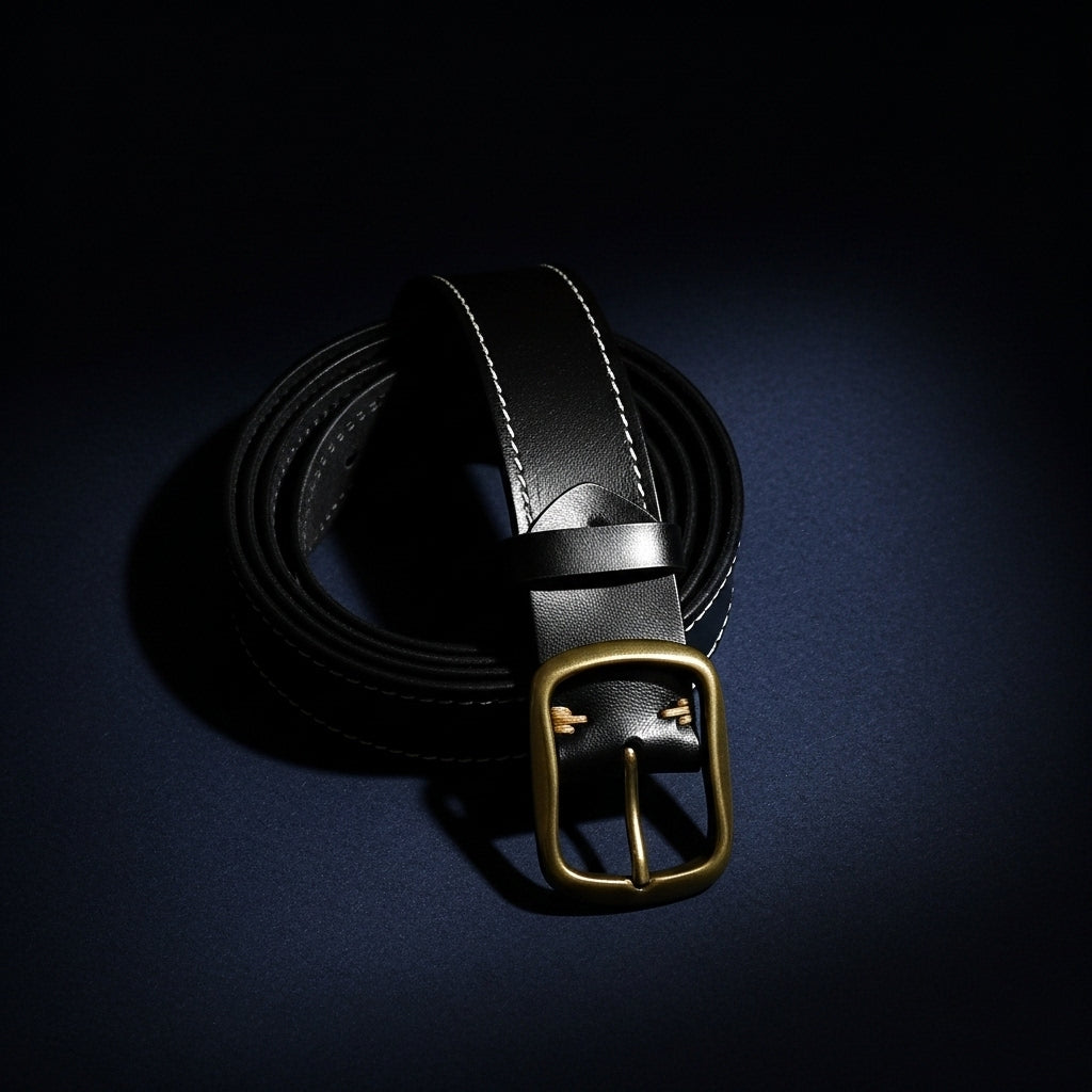 Ceinture homme Rustiborn en cuir pleine fleur noir avec surpiqûres contrastantes et boucle ardillon rectangulaire dorée. #fullwidth