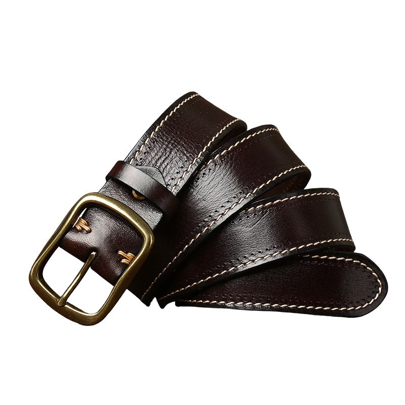 Ceinture homme Rustiborn en cuir pleine fleur marron foncé, avec surpiqûres blanches contrastantes et boucle ardillon rectangulaire en cuivre doré.
