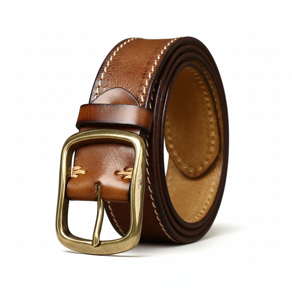 Ceinture pour homme Rustiborn en cuir pleine fleur marron avec boucle ardillon dorée et surpiqûres contrastantes