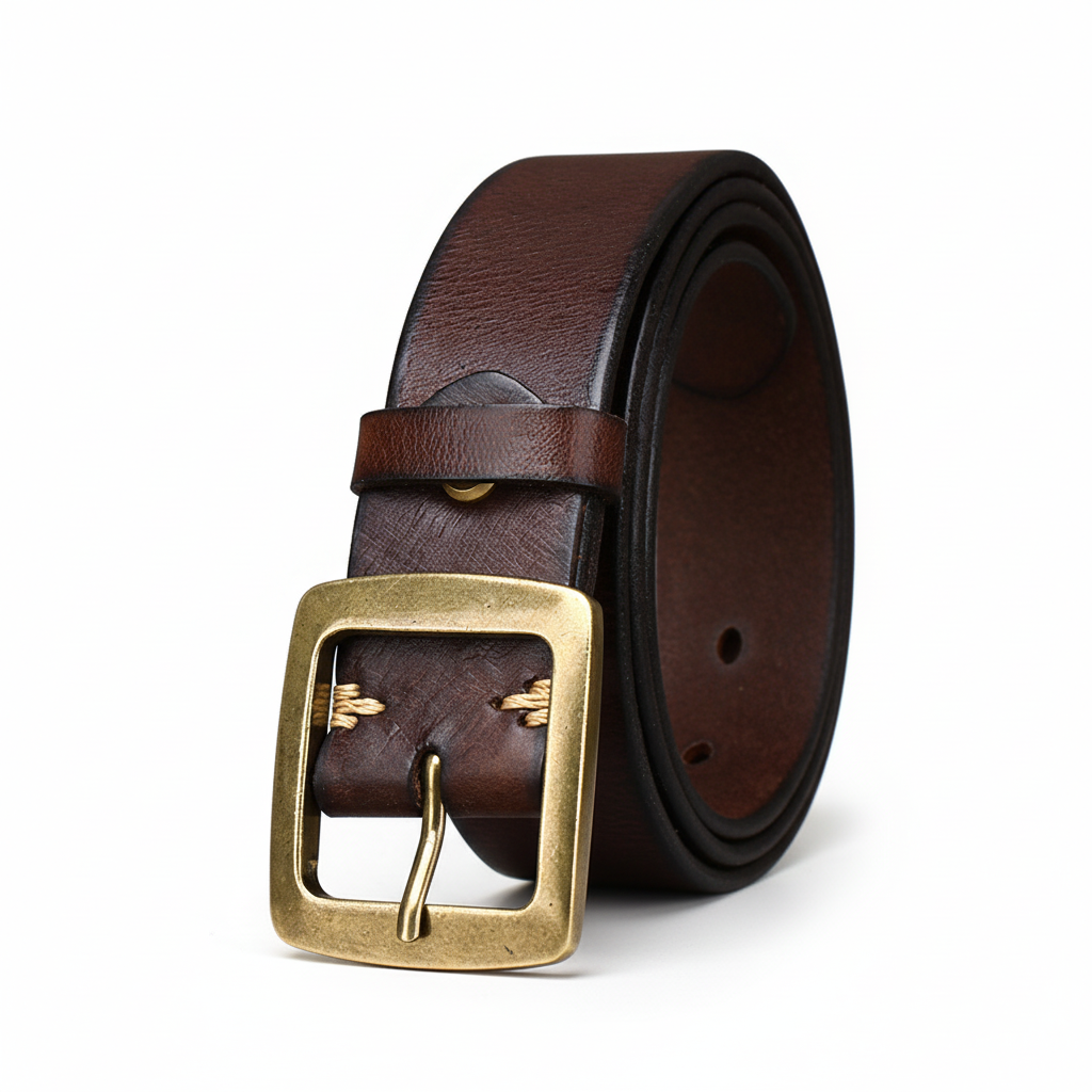 Ceinture pour homme Rustor en cuir pleine fleur marron foncé avec boucle ardillon carrée en alliage doré vieilli. Texture vieillie et coutures apparentes pour un style authentique.