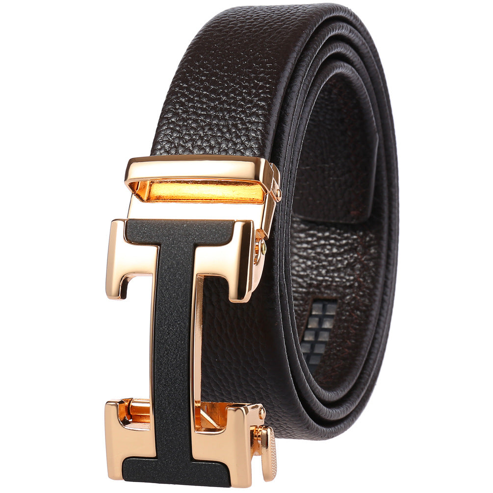 Ceinture homme Sacha en cuir marron avec boucle automatique "H" dorée et noire #fullwidth