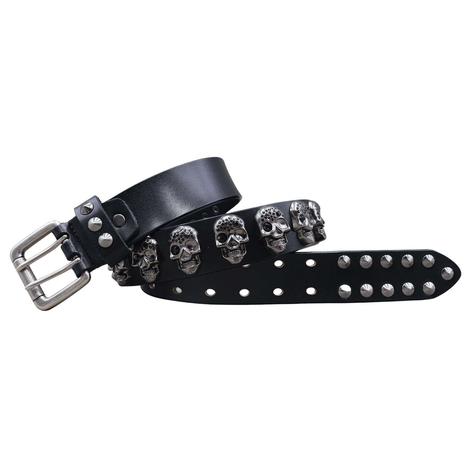 Ceinture en cuir noir Sacha pour homme avec clous et têtes de mort argentées, boucle double ardillon rectangulaire