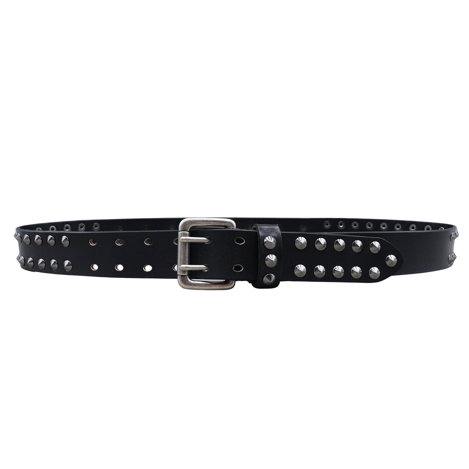 Ceinture Sacha pour homme en cuir noir vieilli avec clous argentés et boucle double ardillon rectangulaire ornée de têtes de mort.