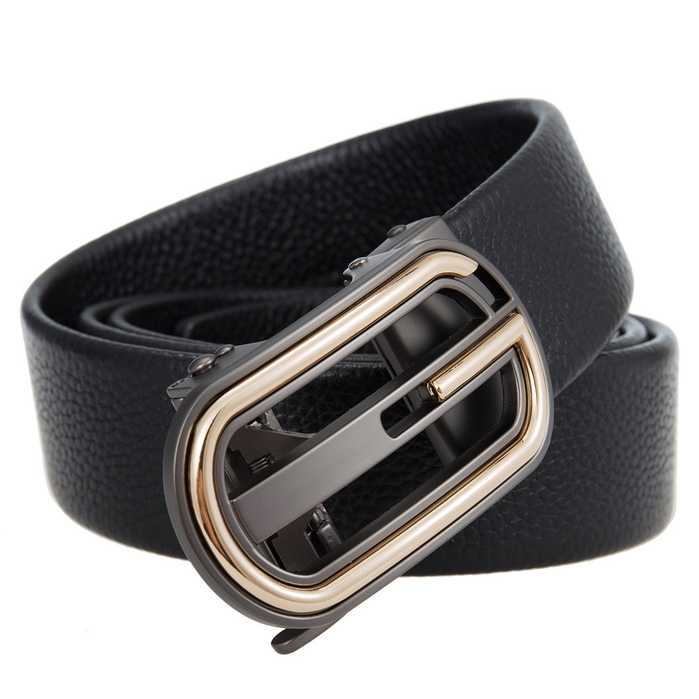 Ceinture pour homme Sacha Lux1 en cuir noir avec boucle automatique argentée et dorée ornementale