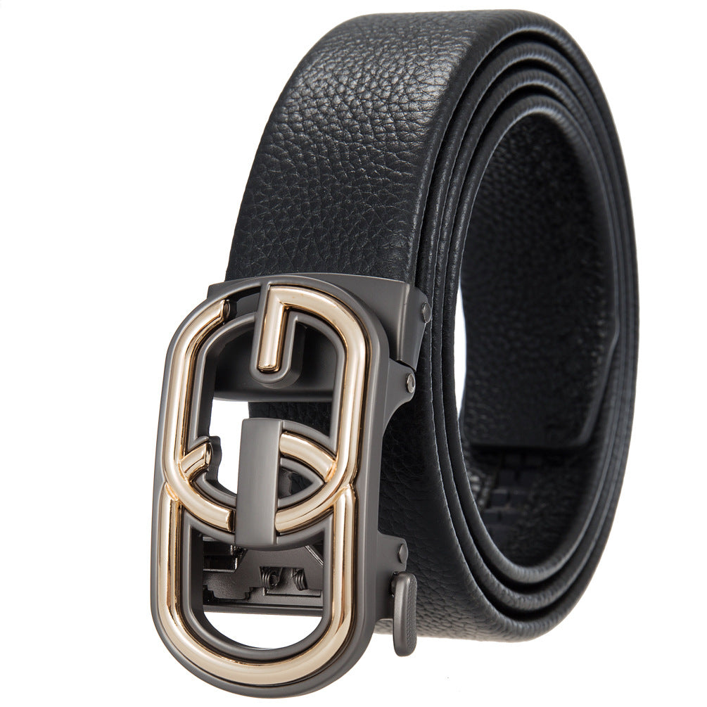 Ceinture Sacha Lux2 en cuir noir texturé avec boucle automatique en alliage gunmetal et doré.