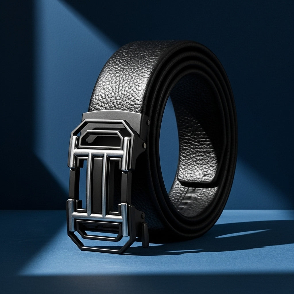 Ceinture Sacha Lux pour homme en cuir de vachette noir texturé avec boucle automatique argentée et noire. #fullwidth