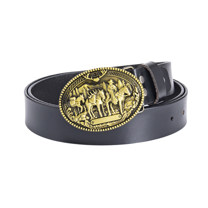 Ceinture Saint Rock noire pour homme avec boucle ovale western dorée et argentée représentant des cavaliers et des chevaux dans un paysage montagneux