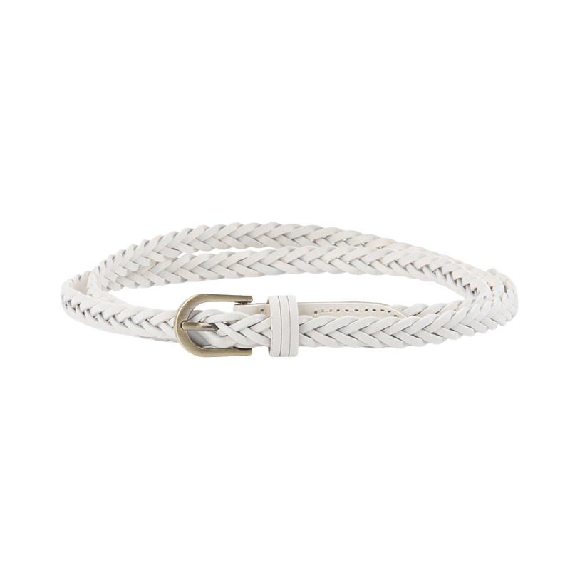 Ceinture Salomé blanche tressée en simili cuir avec boucle arrondie en alliage et ardillon, style rétro chic.