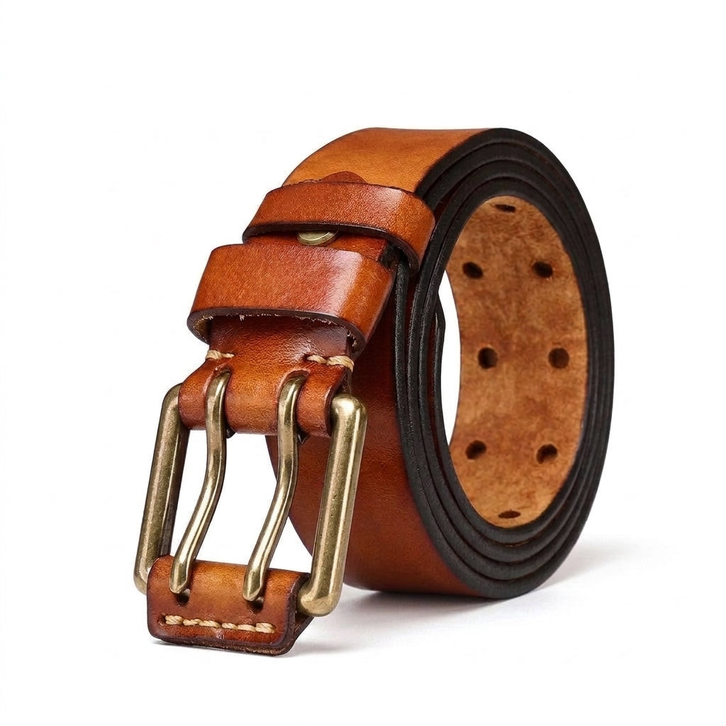Ceinture homme Sancerre en cuir pleine fleur marron tannage végétal avec boucle double ardillon en cuivre doré vieilli et perforations doubles
