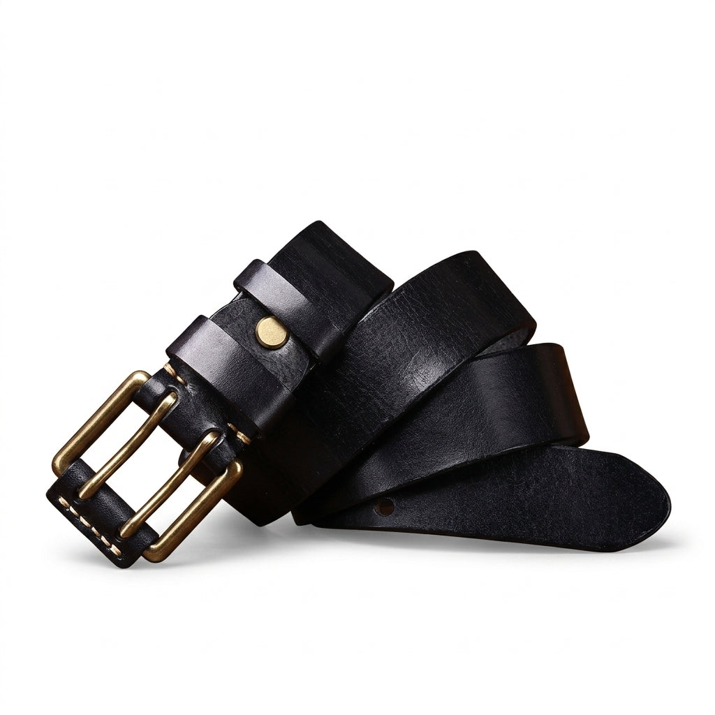 Ceinture homme Sancerre en cuir pleine fleur noir avec boucle double ardillon en cuivre doré vieilli, posée sur une table en bois, style vintage #fullwidth