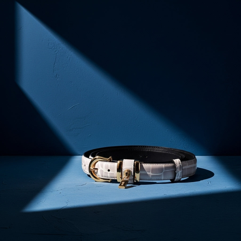 Ceinture Saphir blanche en cuir effet crocodile avec boucle ardillon dorée et cadenas décoratif. #fullwidth