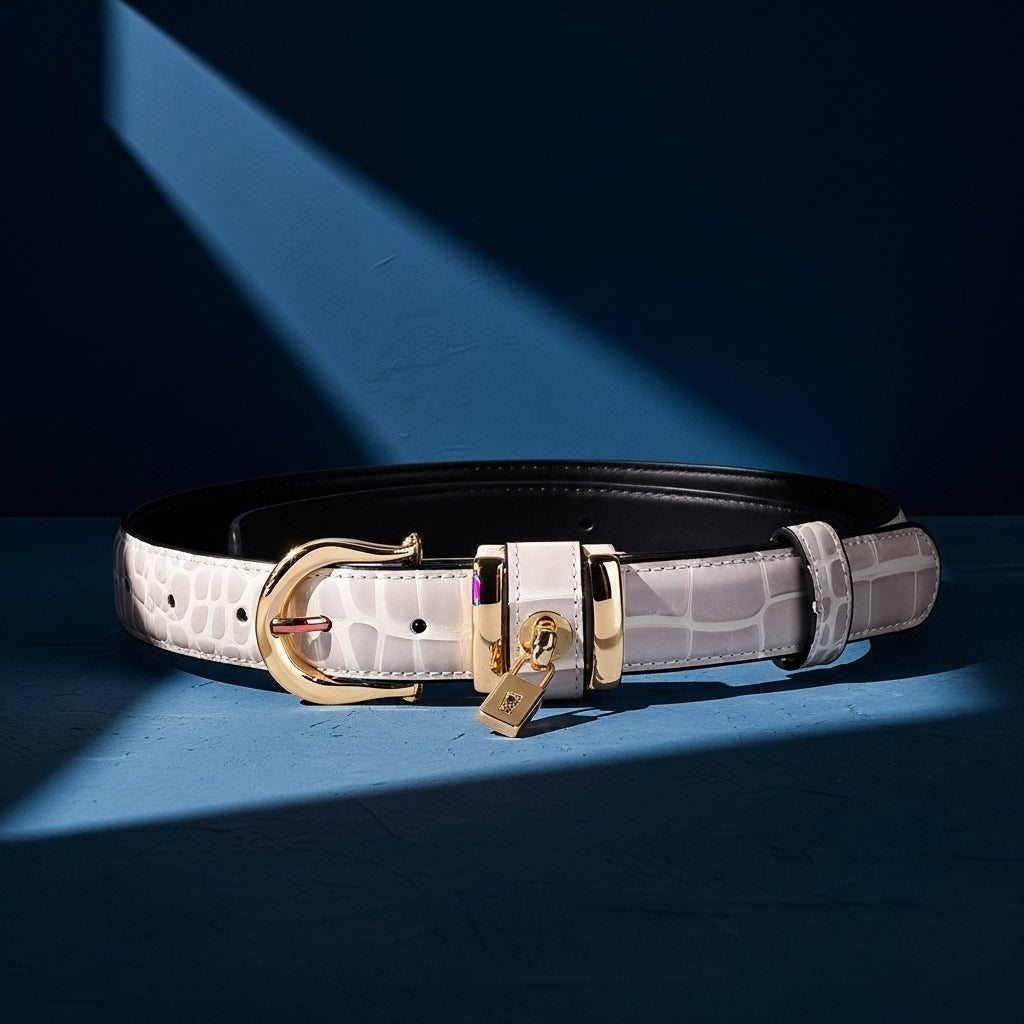 Ceinture Saphir blanche en cuir de vachette texturé effet crocodile, avec boucle ardillon dorée arrondie et cadenas décoratif. #fullwidth