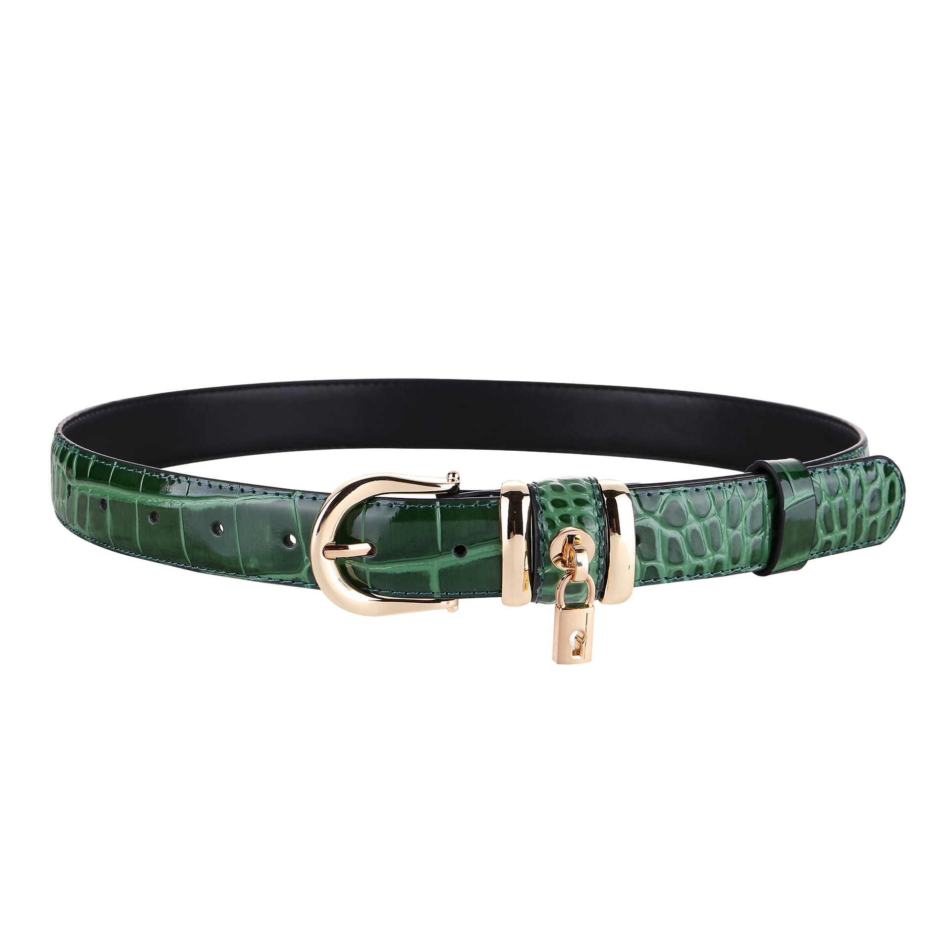 Ceinture Saphir verte effet croco avec boucle dorée et cadenas décoratif