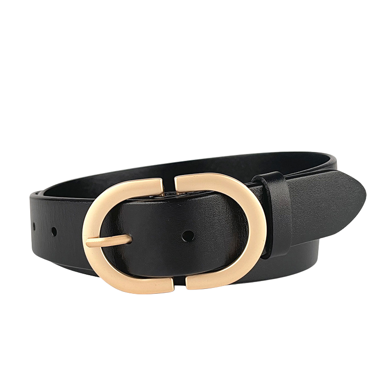 Ceinture Saphira noire en cuir pleine fleur avec boucle ovale allongée dorée, largeur 3,2 cm.