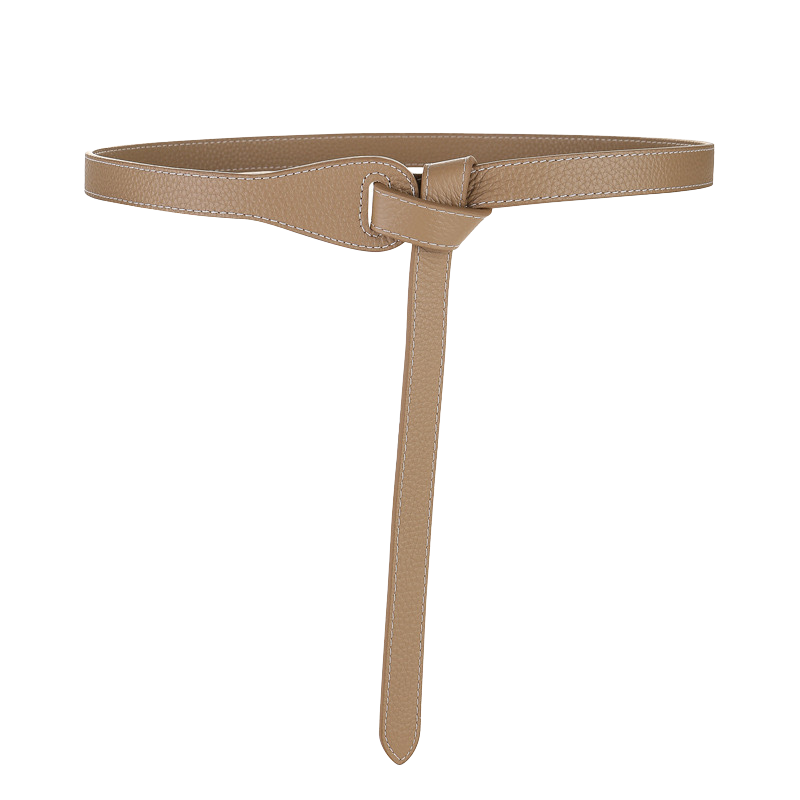 Ceinture fine femme Sarah en cuir nubuck beige, avec boucle nouée et surpiqûres contrastées.