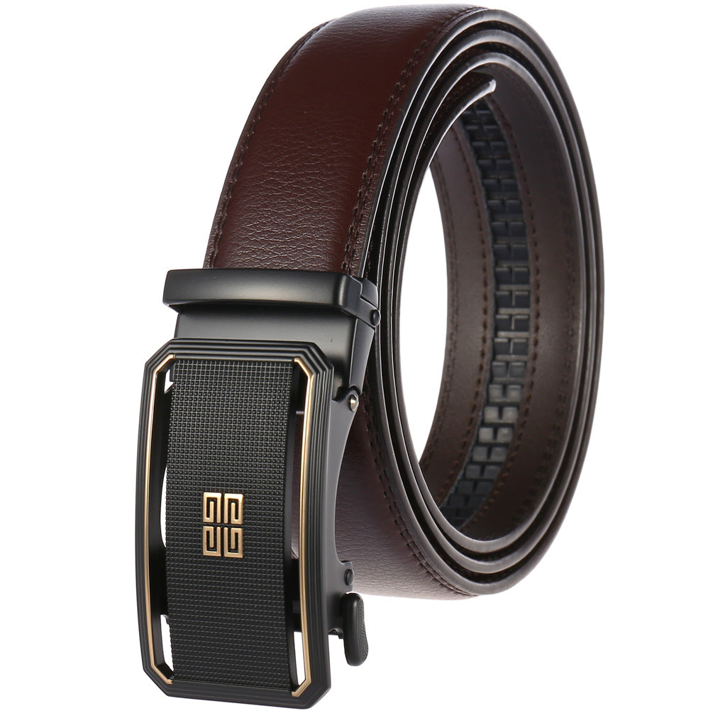 Ceinture homme Sartre en cuir marron café avec boucle automatique noire et dorée texturée