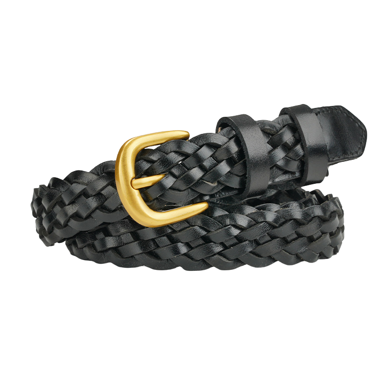 Ceinture femme noire tressée en cuir pleine fleur, modèle "Satin", avec boucle ardillon arrondie dorée.