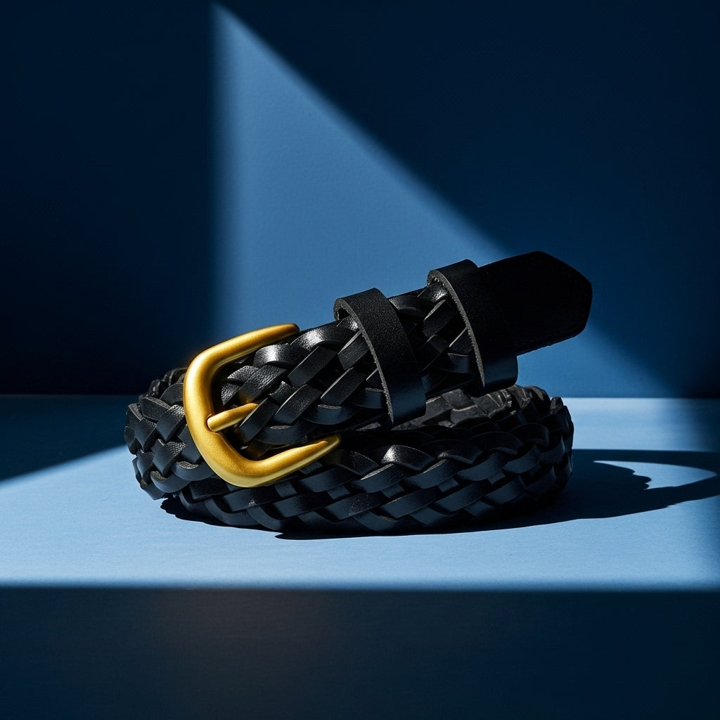 Ceinture en cuir tressé noir pour femme, modèle "Satin", avec boucle ardillon dorée de forme arrondie. Lanière artisanale au style rétro élégant, 2,4 cm de large. #fullwidth