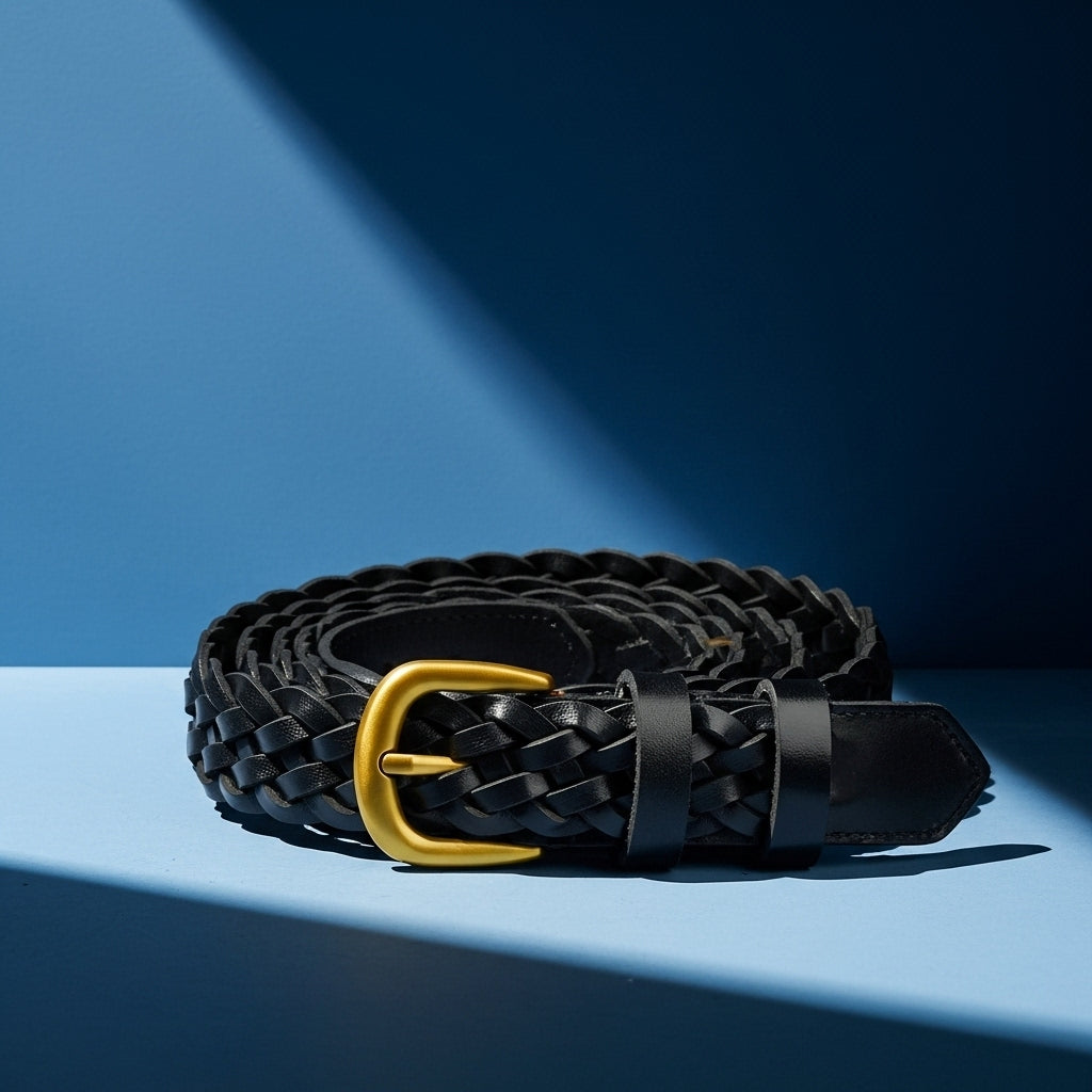 Ceinture femme Satin noire en cuir tressé à la main avec une boucle ardillon arrondie dorée, 2.4 cm de large. #fullwidth