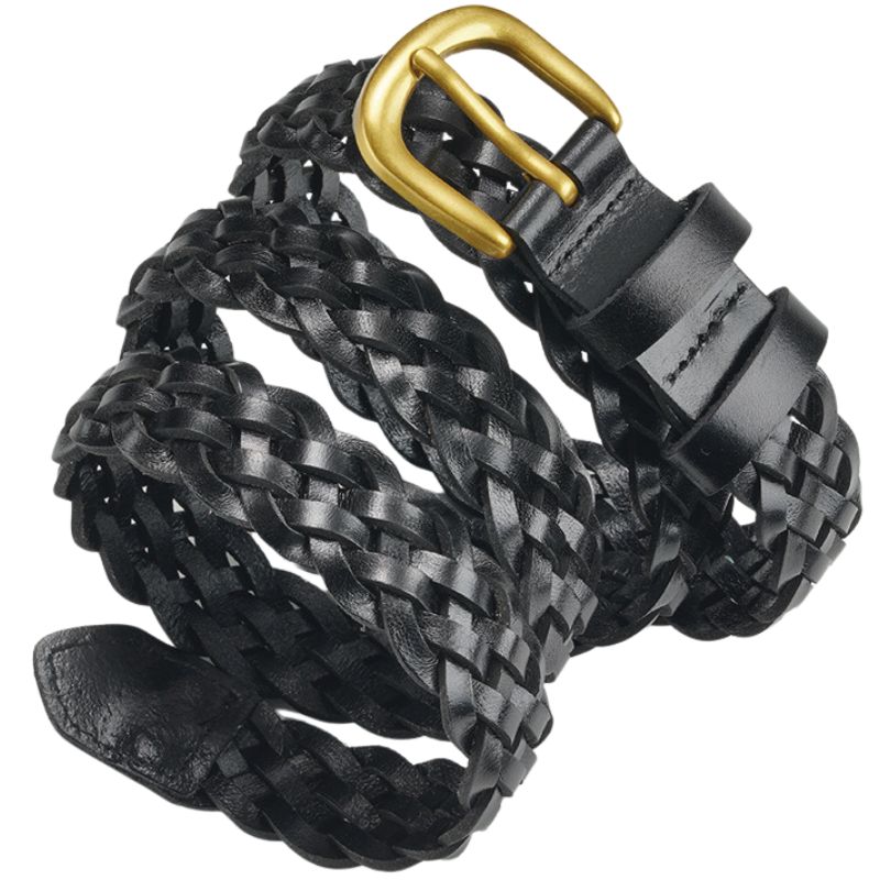 Ceinture femme noire Satin en cuir tressé à la main avec boucle dorée artisanale