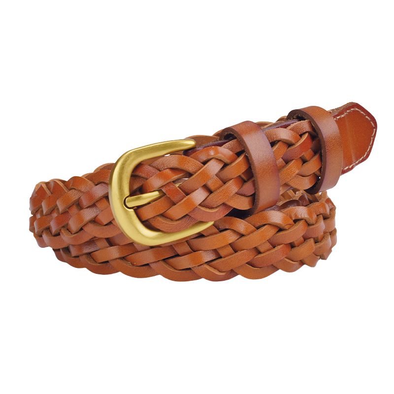 Ceinture femme Satin en cuir pleine fleur marron tressé à la main avec boucle ardillon dorée de style rétro