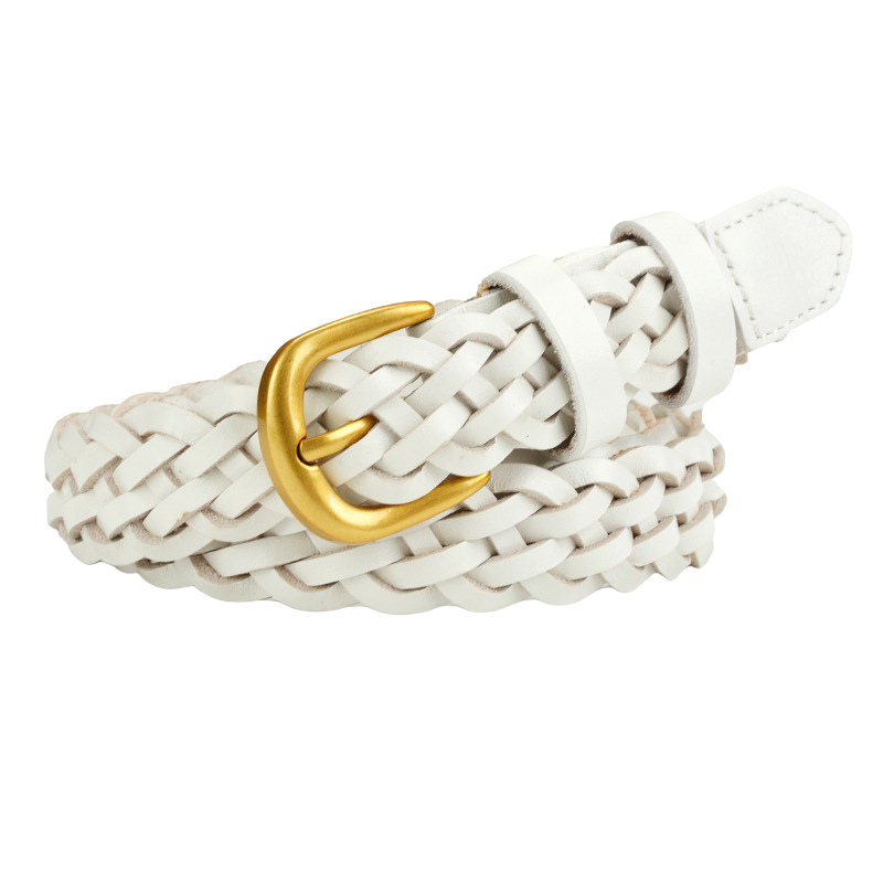 Ceinture femme "Satin" en cuir blanc tressé à la main, avec une boucle ardillon arrondie dorée.