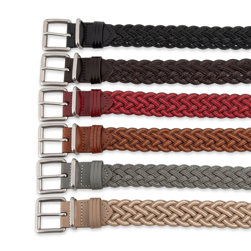Collection de ceintures tressées pour femme Ségur présentées en plusieurs coloris avec boucle ardillon argentée sur fond blanc