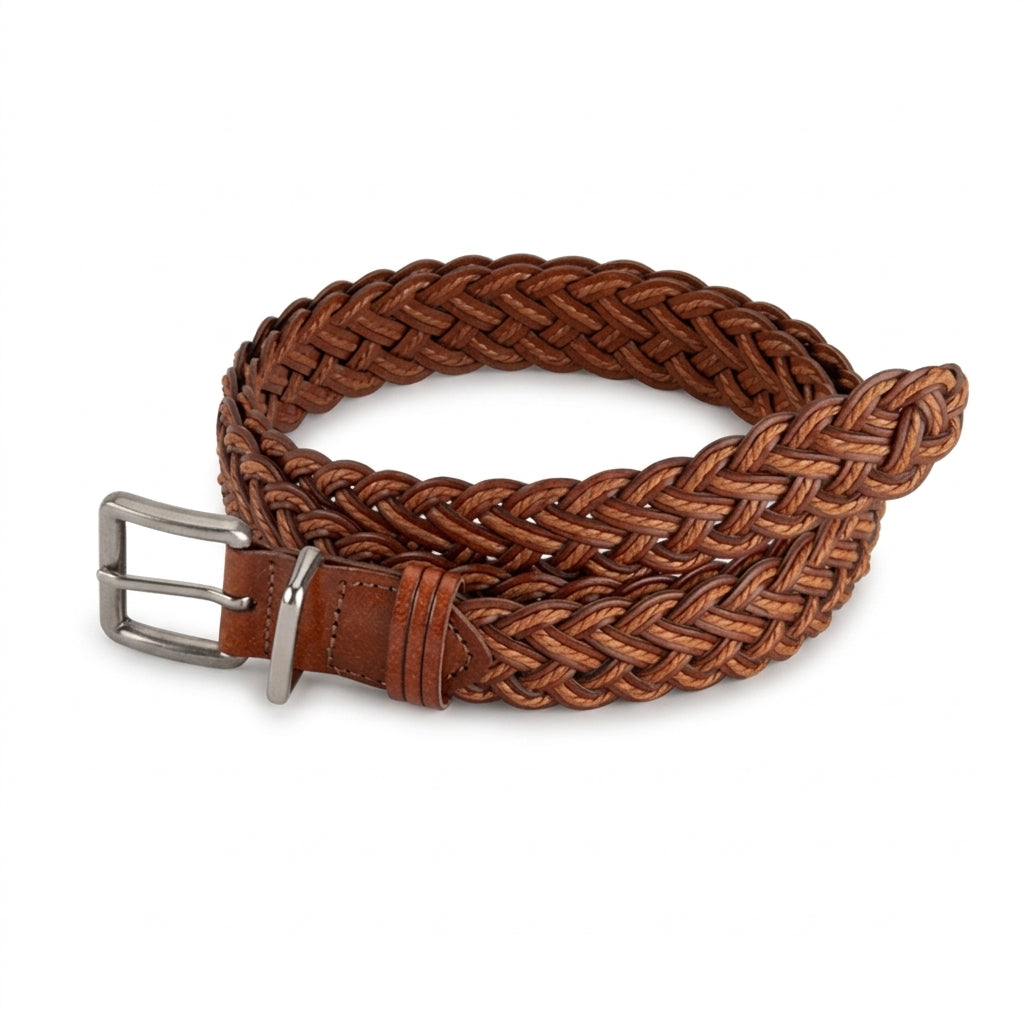 Ceinture tressée femme Ségur en simili cuir marron avec boucle ardillon argentée, design bohème vintage