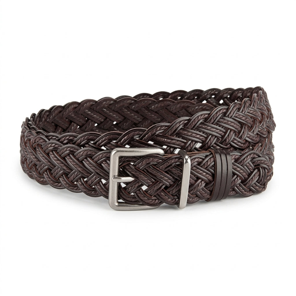 Ceinture femme tressée marron Ségur en simili cuir avec boucle ardillon argentée au style vintage