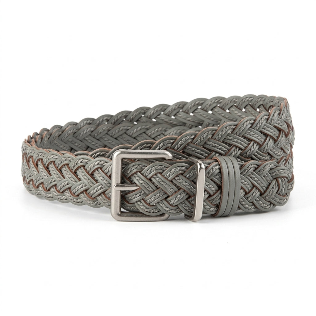 Ceinture tressée femme Ségur en simili cuir gris avec boucle ardillon argentée et finition vintage