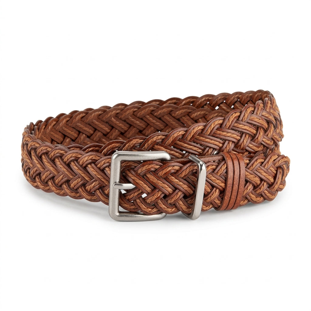 Ceinture tressée femme Ségur en simili cuir marron avec boucle ardillon argentée, style bohème vintage.