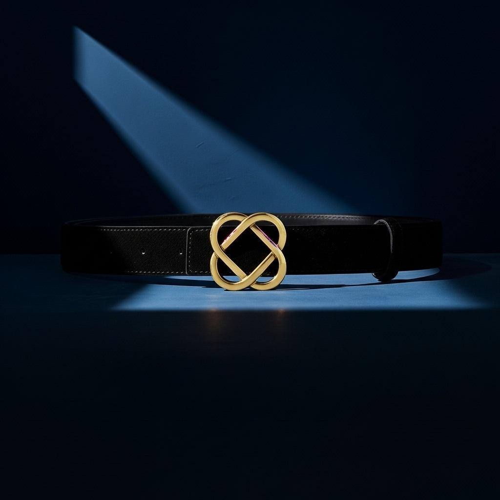 Ceinture Sensuelle noire en suède avec une boucle dorée décorative en forme de nœud stylisé #fullwidth