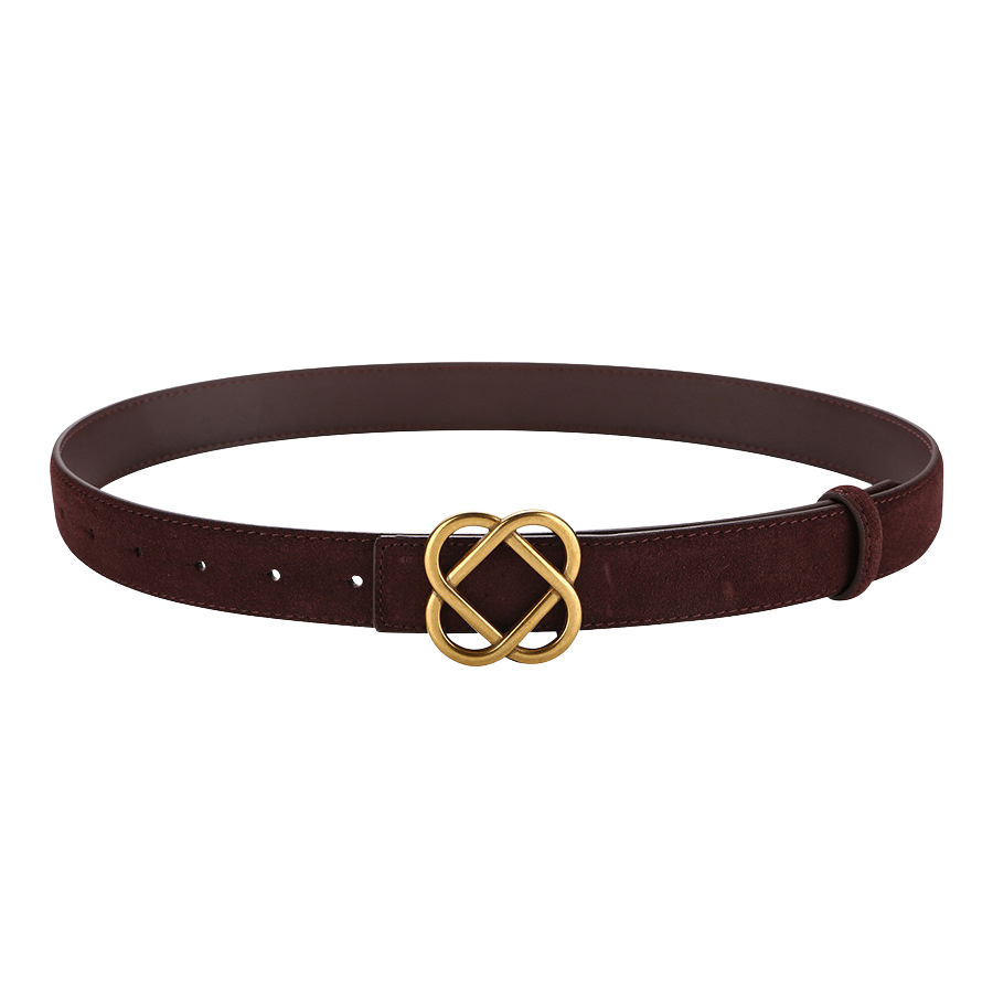 Ceinture fine en suède marron foncé Sensuelle avec boucle dorée en forme de nœud entrelacé. #fullwidth