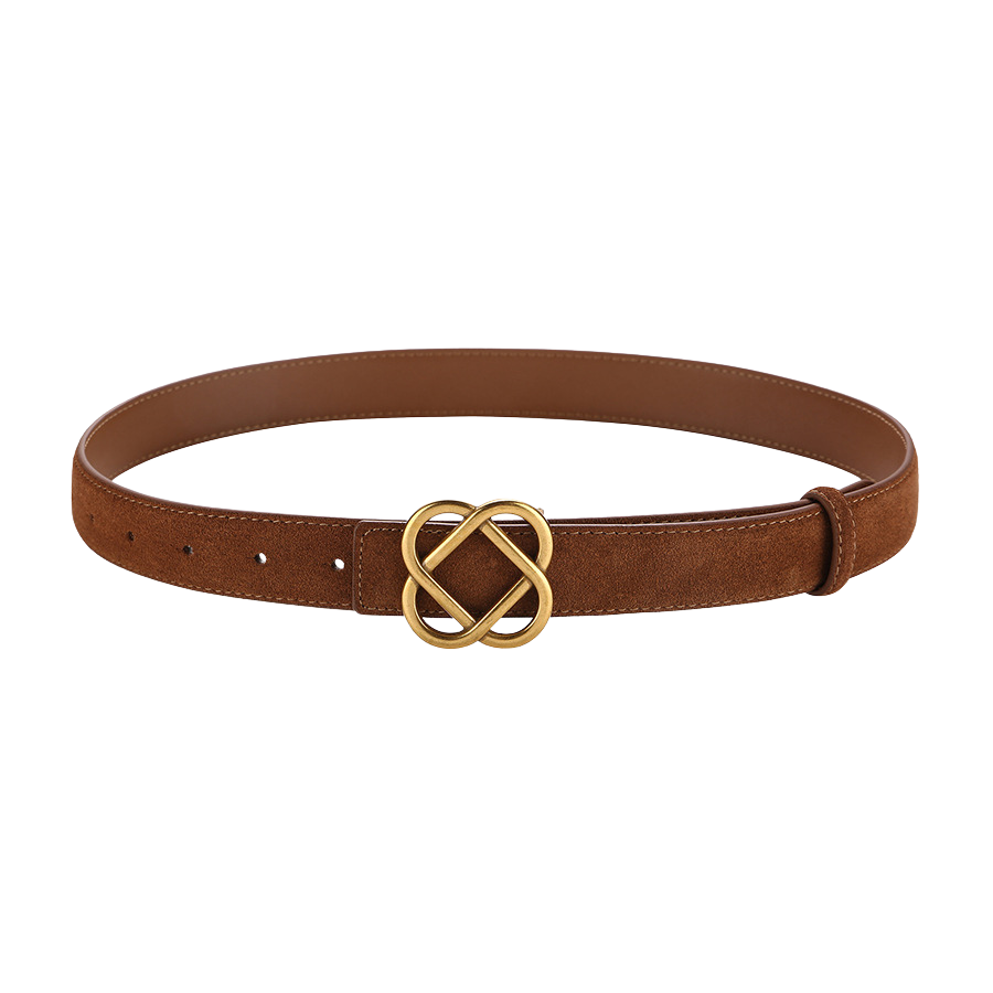 Ceinture marron en suède pour femme, modèle Sensuelle, avec une boucle dorée en forme de nœud entrelacé.
