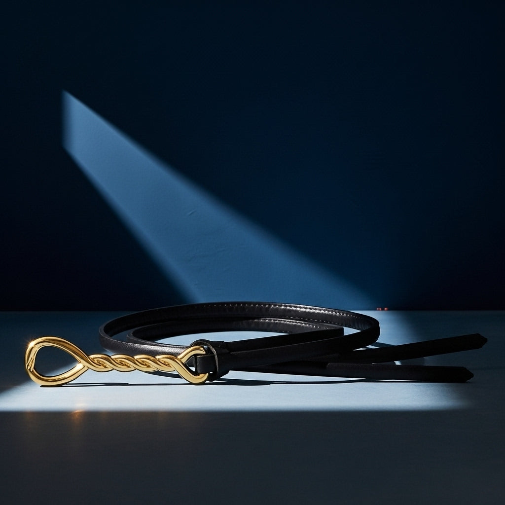 Ceinture femme Séraphine noire en cuir de vachette refendu avec boucle dorée torsadée #fullwidth
