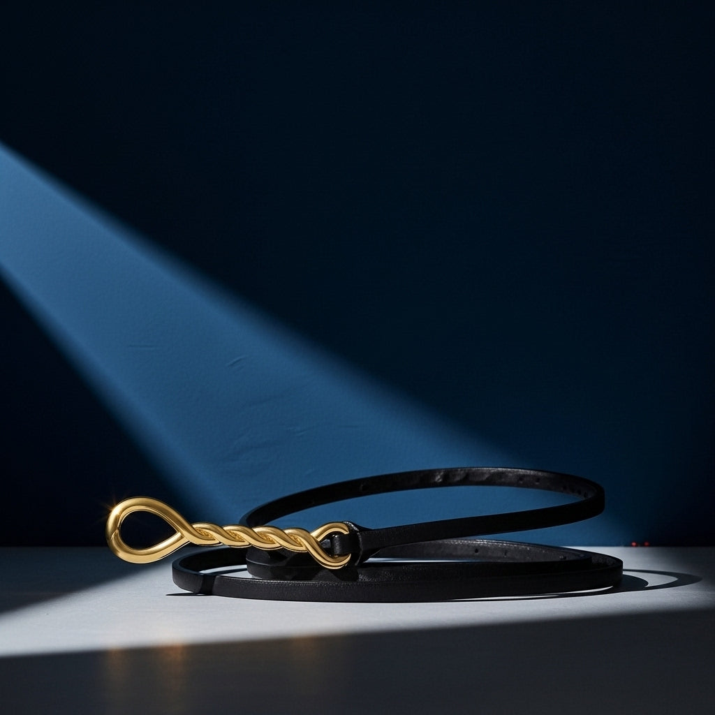 Ceinture fine noire Séraphine en cuir avec boucle torsadée dorée, mise en valeur par un éclairage dramatique sur fond bleu nuit. #fullwidth