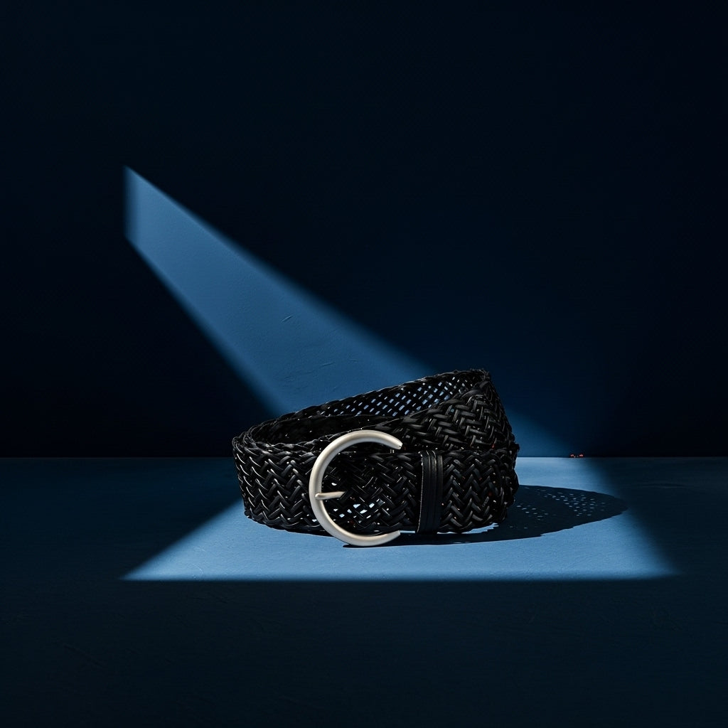 Ceinture femme Sereine noire en simili cuir recyclé, tressée à la main avec une boucle argentée en forme de C. #fullwidth