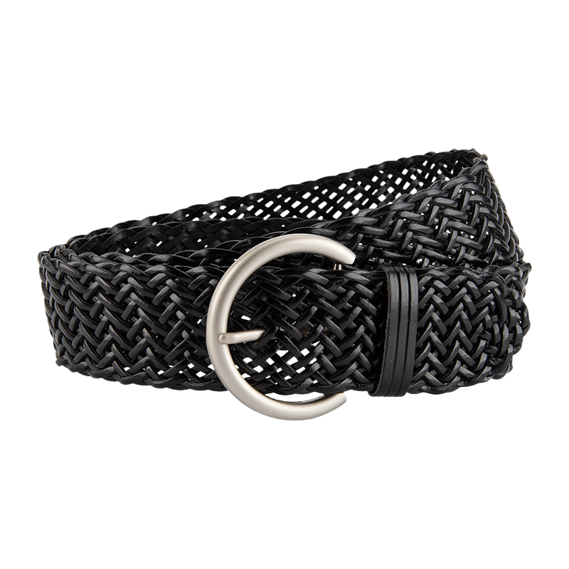 Ceinture femme Sereine en simili cuir noir tressé à la main avec boucle argentée en forme de C. #fullwidth