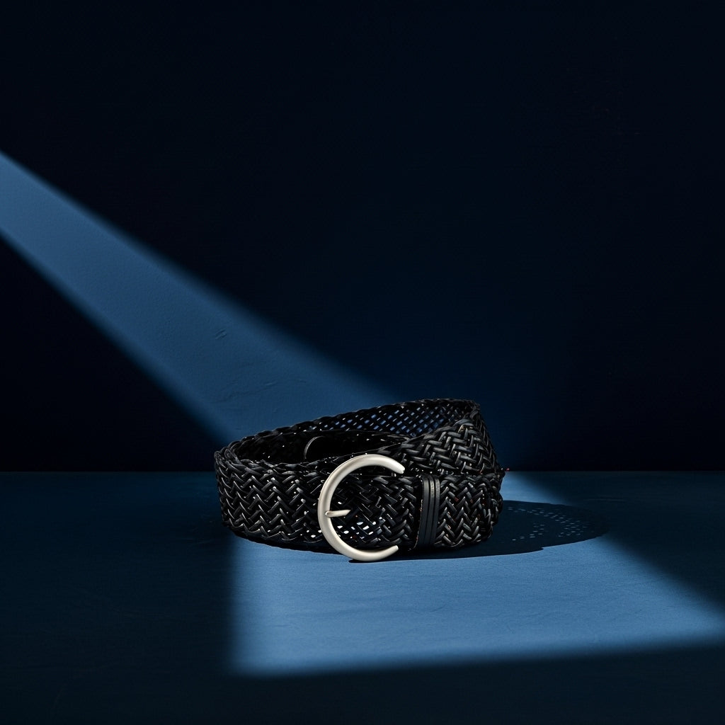 Ceinture femme Sereine noire tressée en simili cuir recyclé avec boucle argentée en forme de C #fullwidth