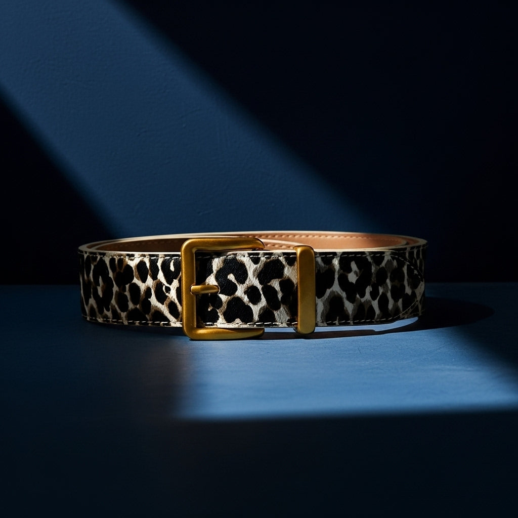 Ceinture femme Sérénité en cuir pleine fleur avec motif léopard noir et blanc, poils apparents et boucle carrée dorée. #fullwidth