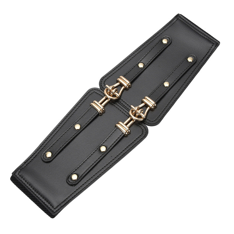 Ceinture large femme Sévigné noire en cuir lisse façon corset avec doubles sangles réglables et boucles ardillon dorées