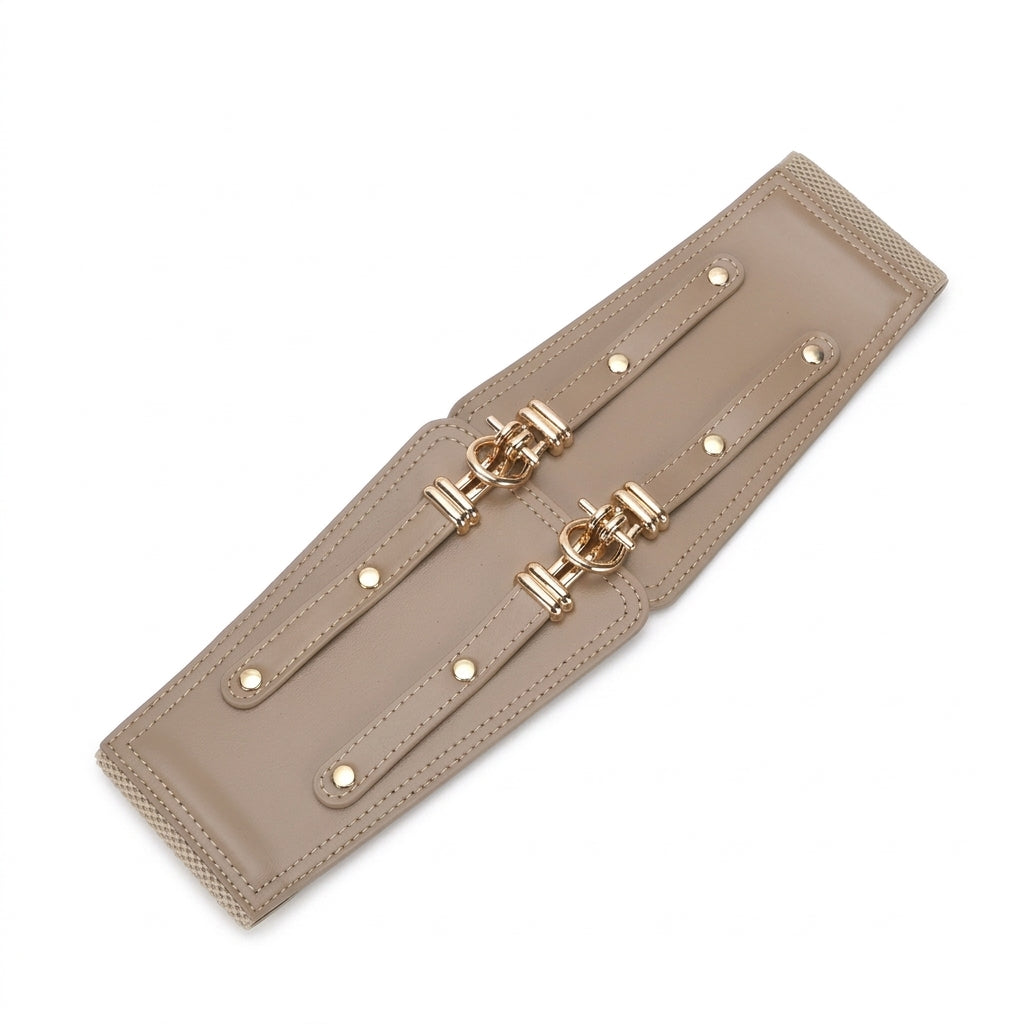 Ceinture large pour femme Sévigné en cuir beige lisse, design style corset avec deux sangles réglables et boucles ardillon dorées.