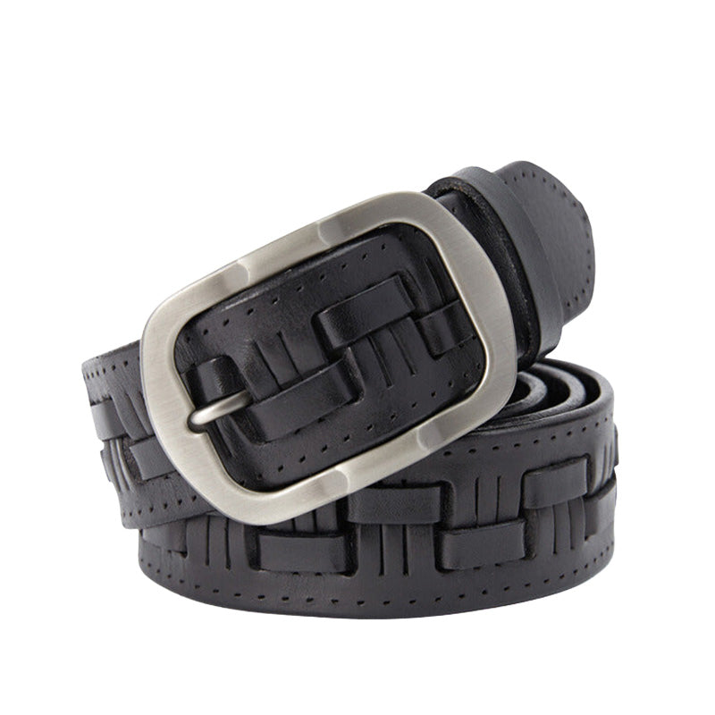 Ceinture Sévres noire en cuir pleine fleur avec boucle argentée rectangulaire et motif tressé